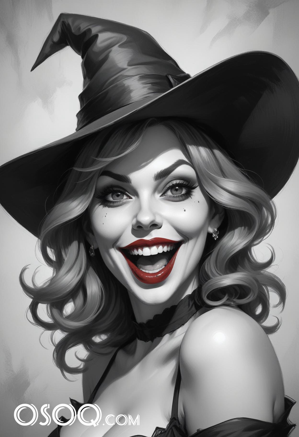 Black and white halloween cute girl cartoon drawing 03