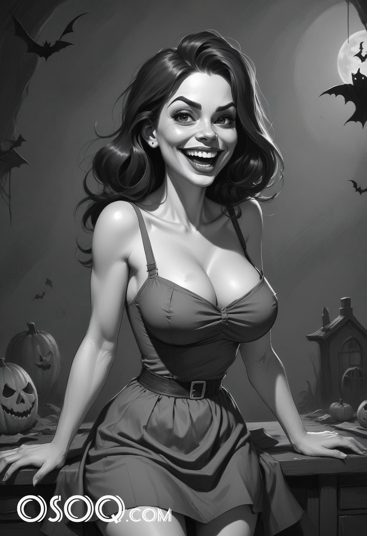 Black and white halloween cute girl cartoon drawing 06