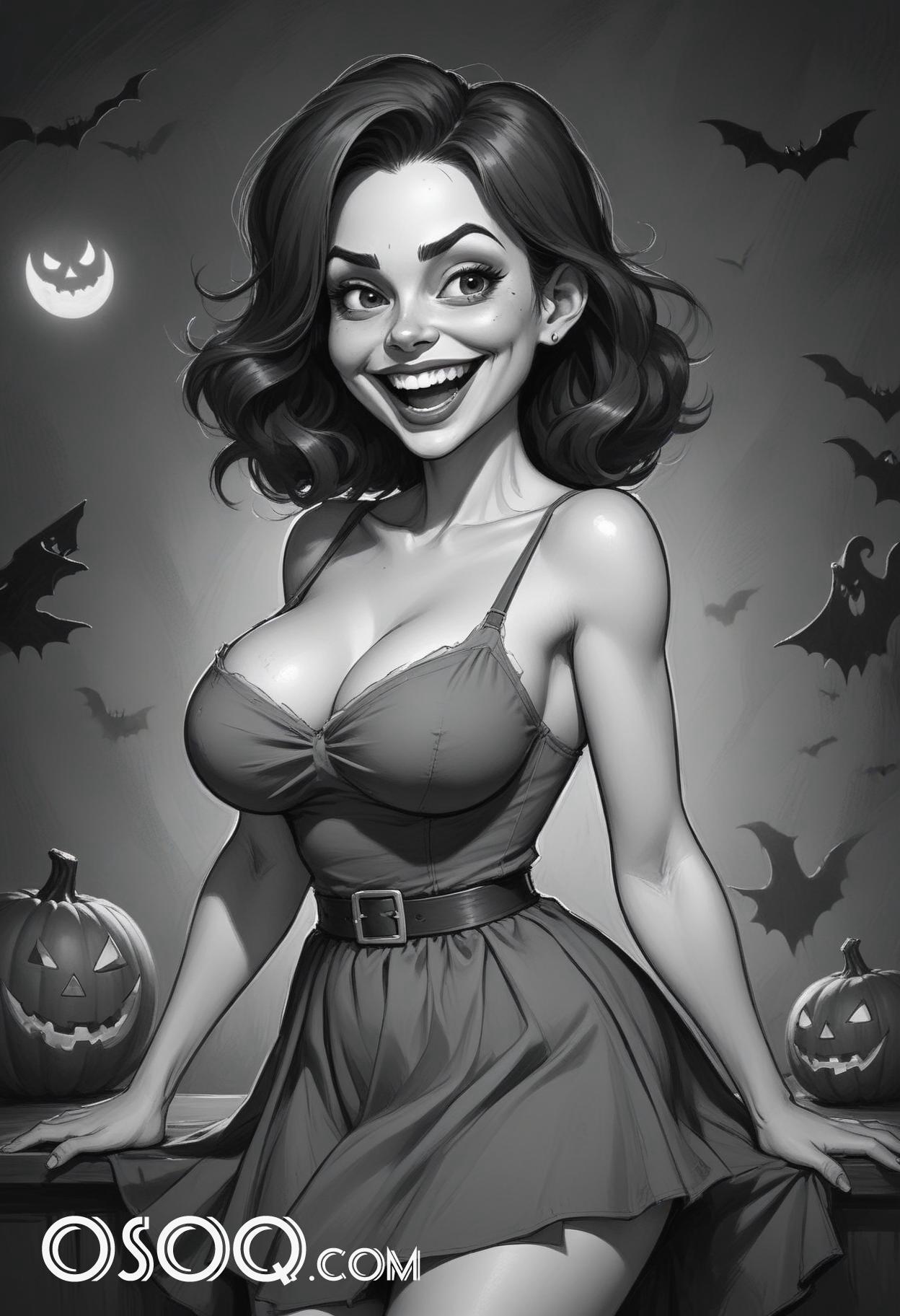 Black and white halloween cute girl cartoon drawing 08