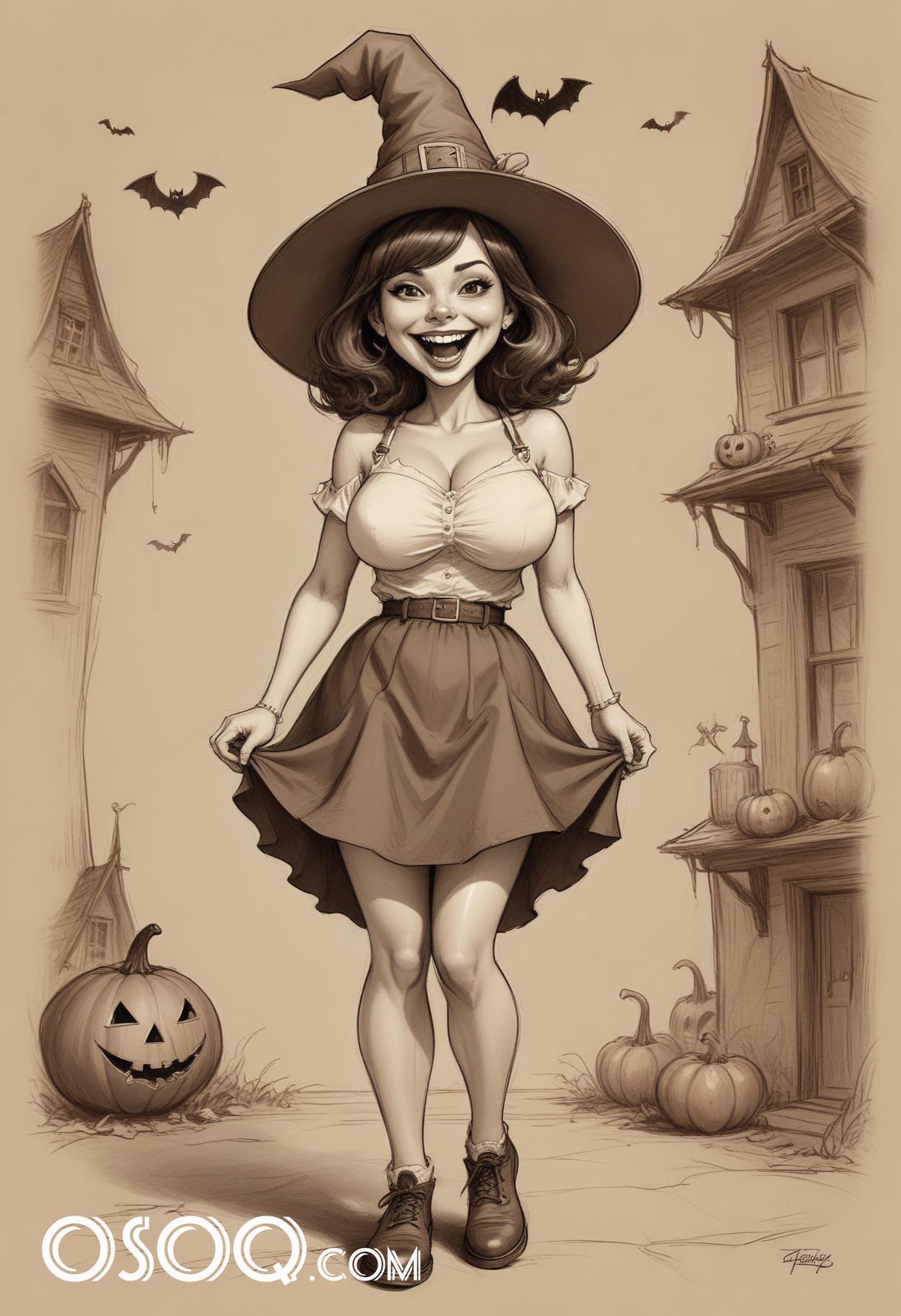 Black and white halloween cute girl cartoon drawing 09