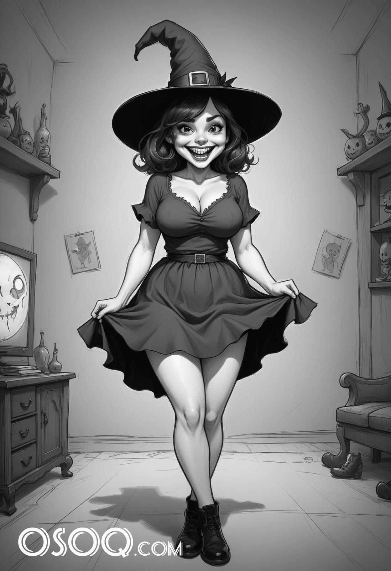 Black and white halloween cute girl cartoon drawing 10