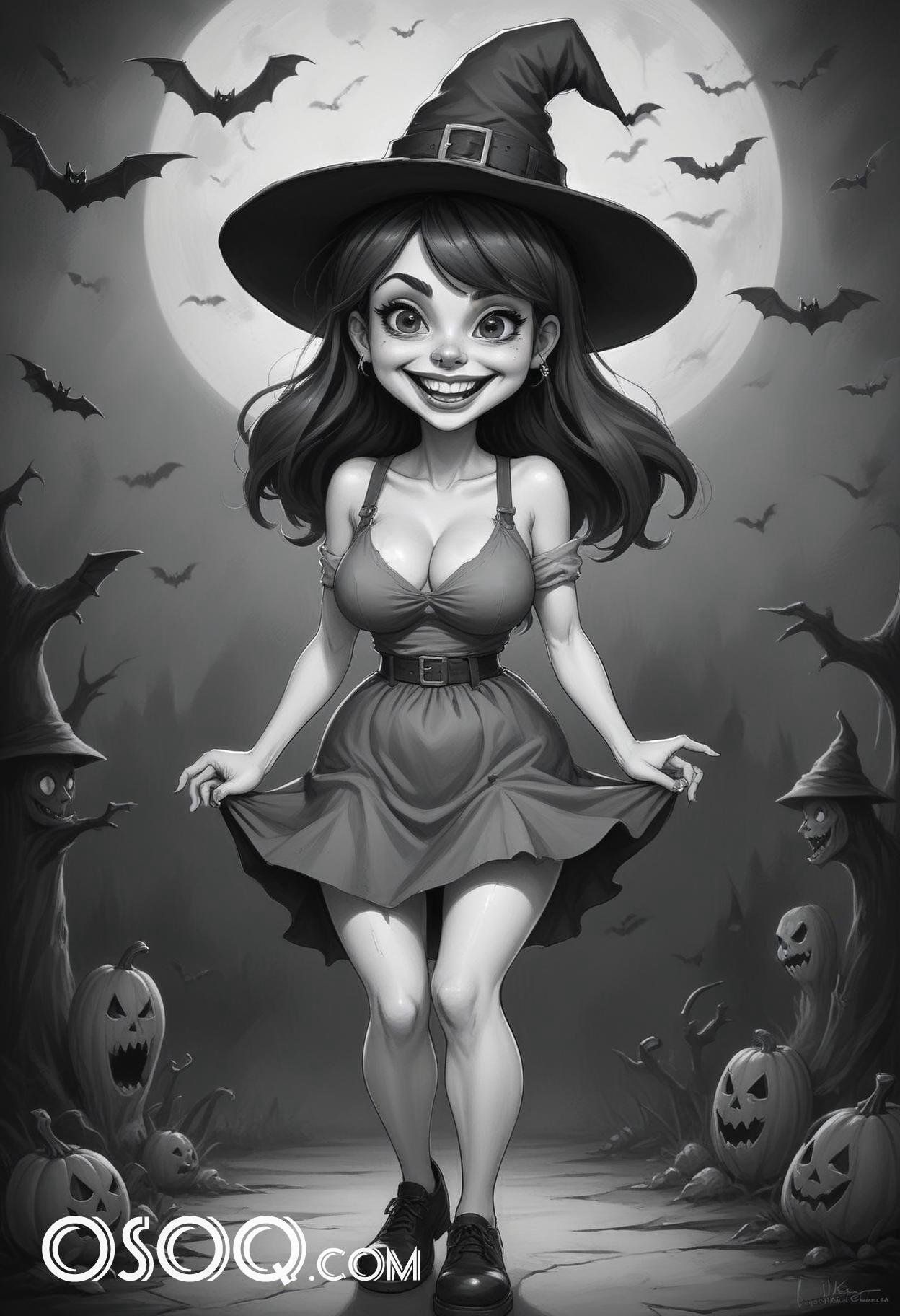 Black and white halloween cute girl cartoon drawing 11