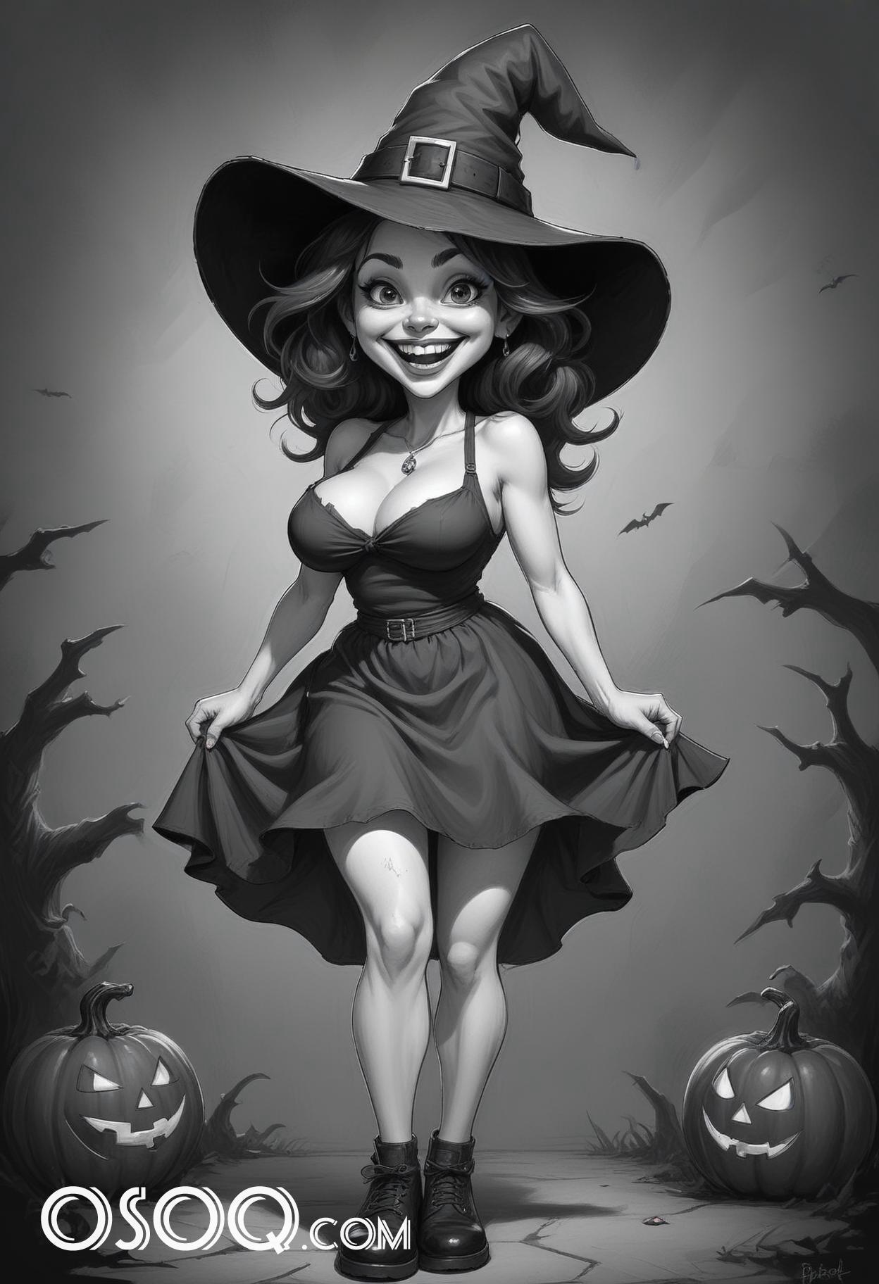 Black and white halloween cute girl cartoon drawing 13