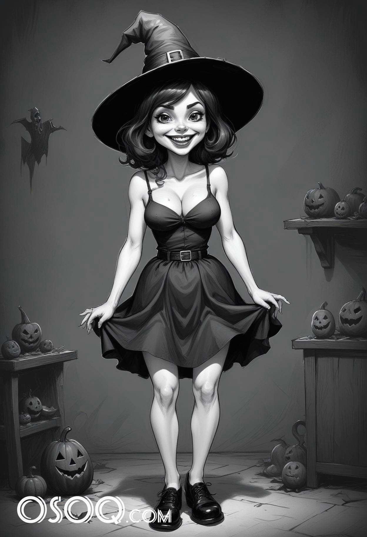 Black and white halloween cute girl cartoon drawing 15