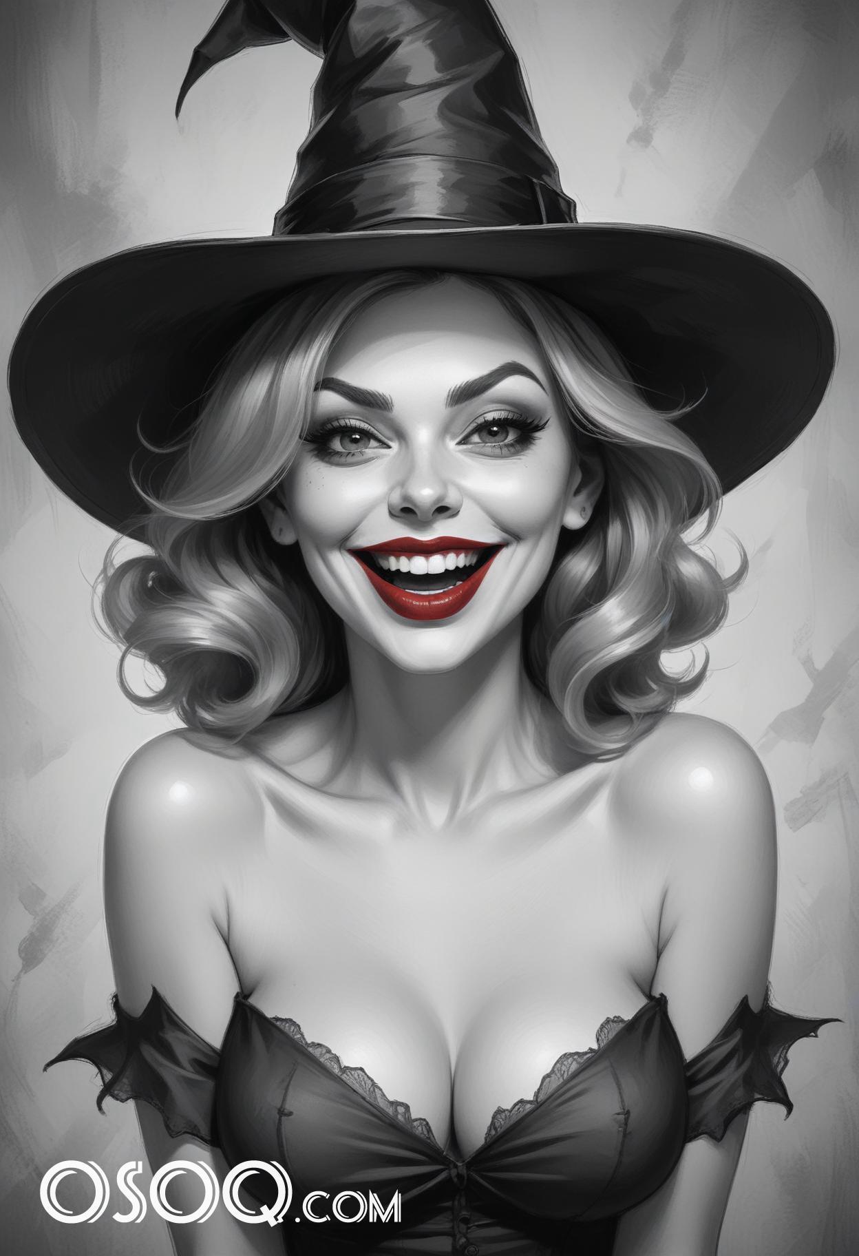 Black and white halloween cute girl cartoon drawing 17