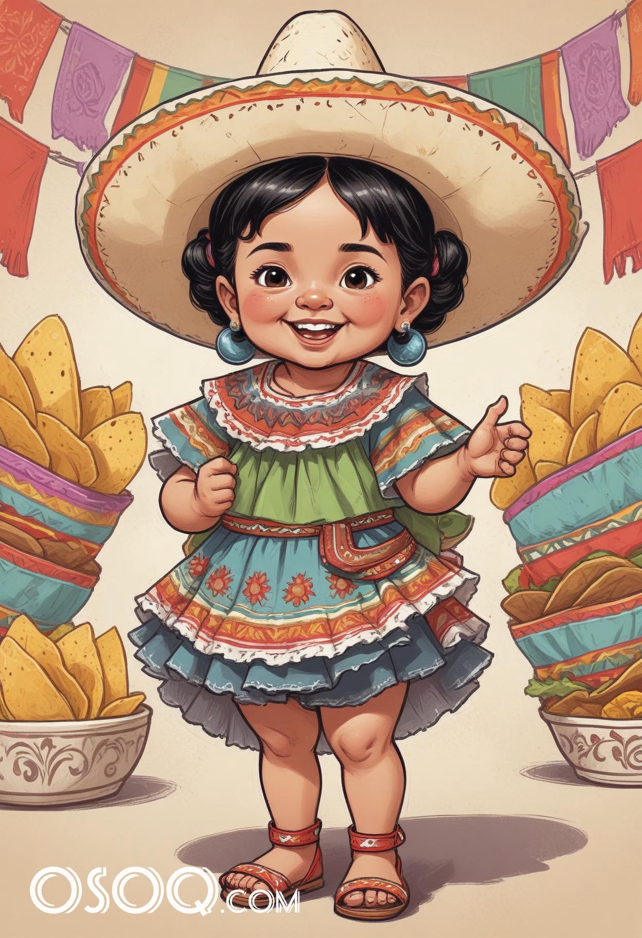 Cute mexican child cartoon caricature drawing 01