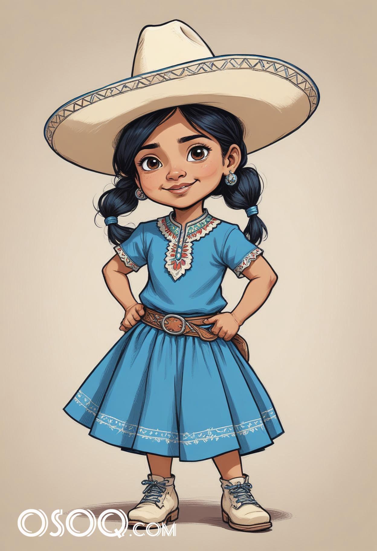 Cute mexico girl cartoon caricature drawing 01