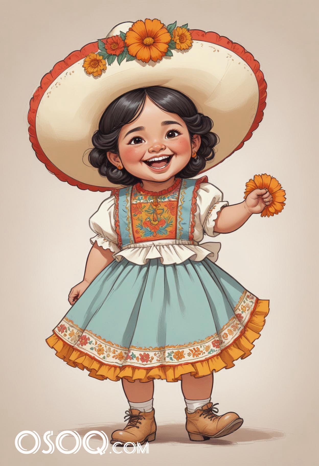 Cute mexico girl cartoon caricature drawing 05