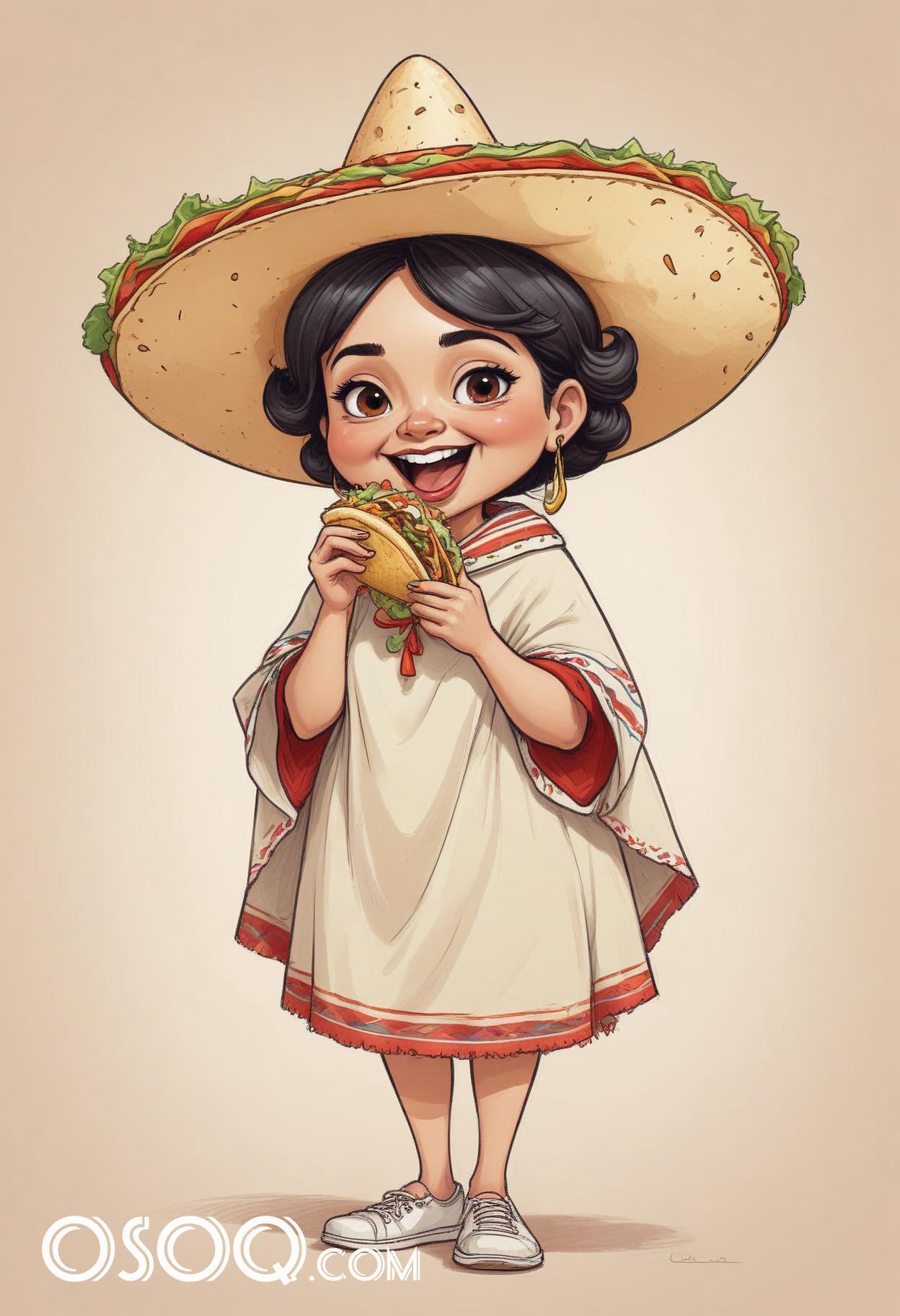 Mexican taco cartoon food caricature drawing 09