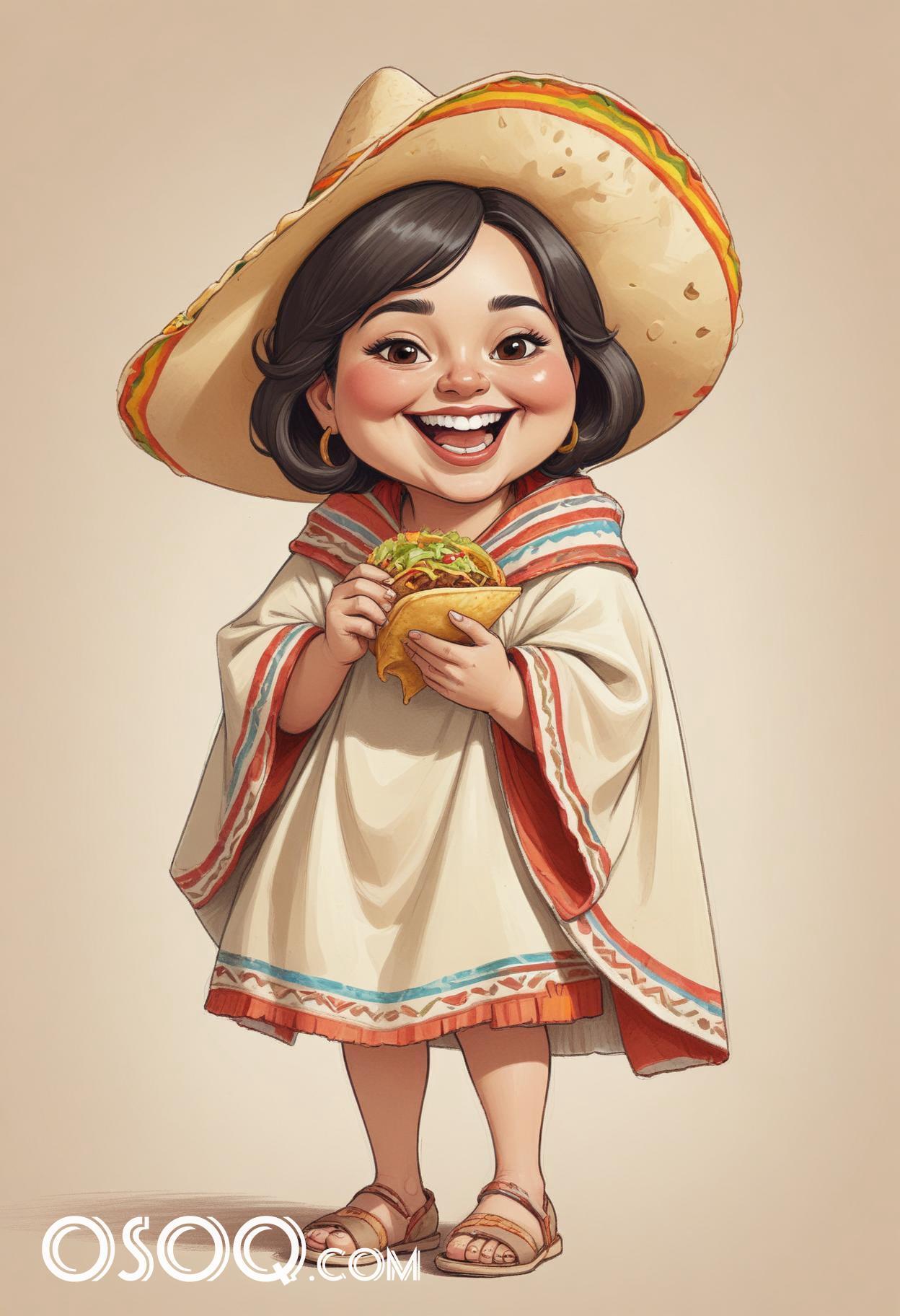 Mexican tacos cartoon food caricature drawing 03