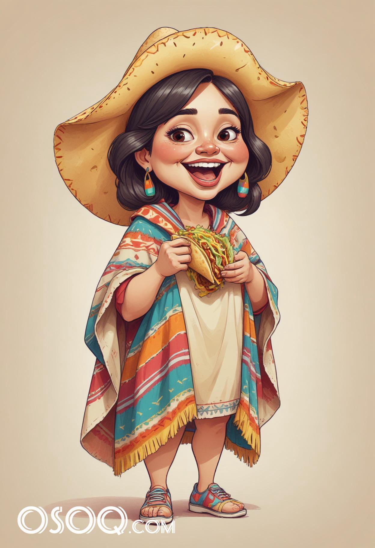 Mexican tacos cartoon food caricature drawing 06