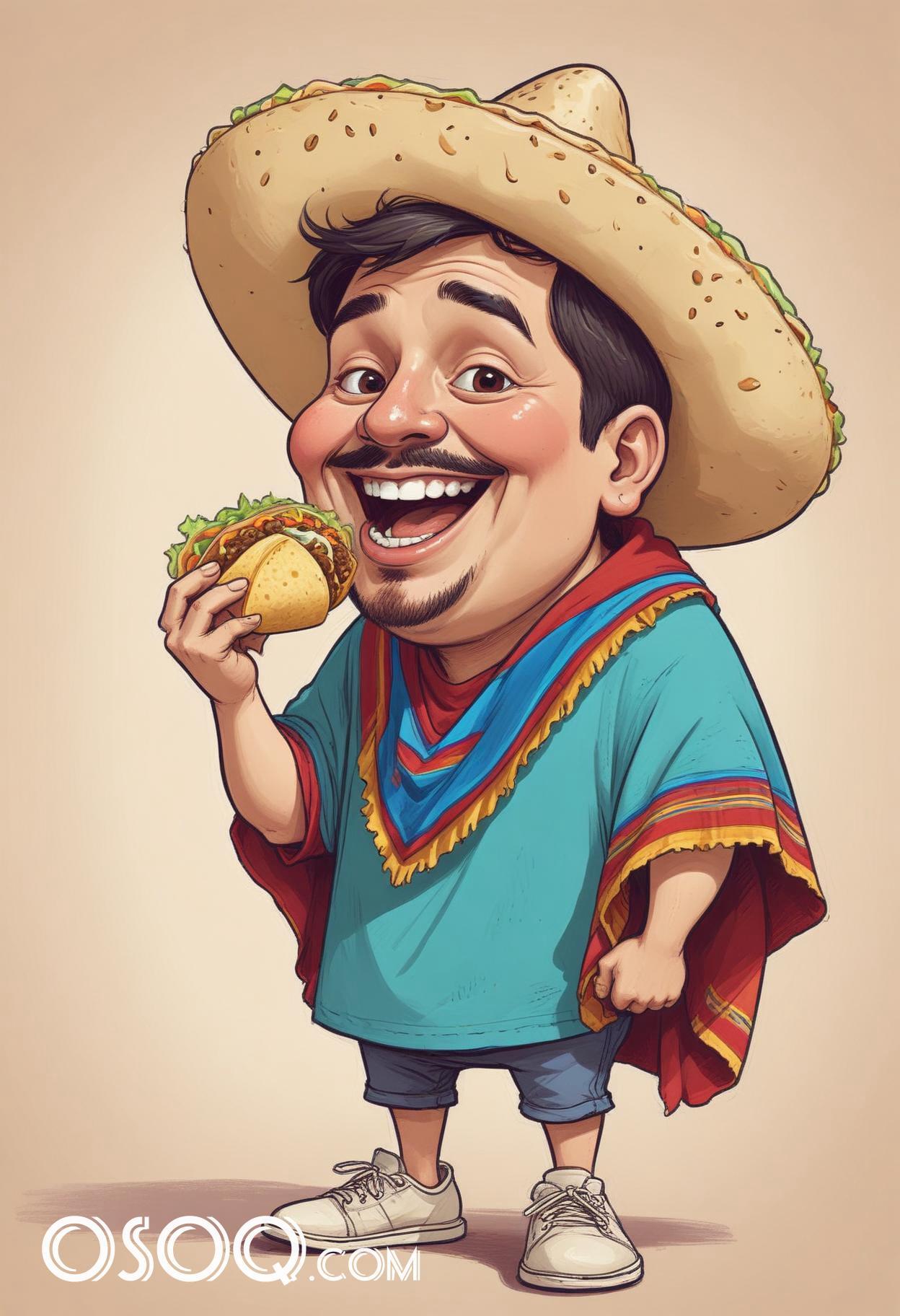 Mexican tacos cartoon food caricature drawing 16